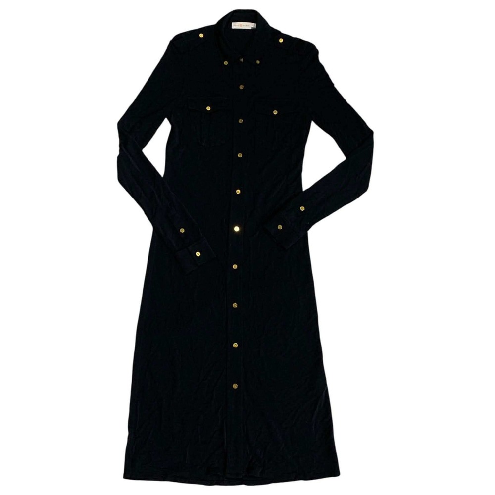 Tory Burch Black Viscose Semi Sheer Military Utility Shirt Dress Gold Logo XS